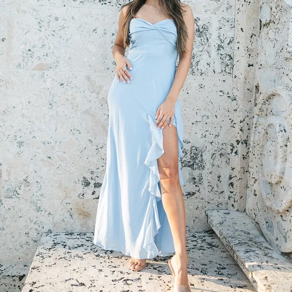 Chic Light Blue Ruffle Midi Dress - Picture 2 of 4